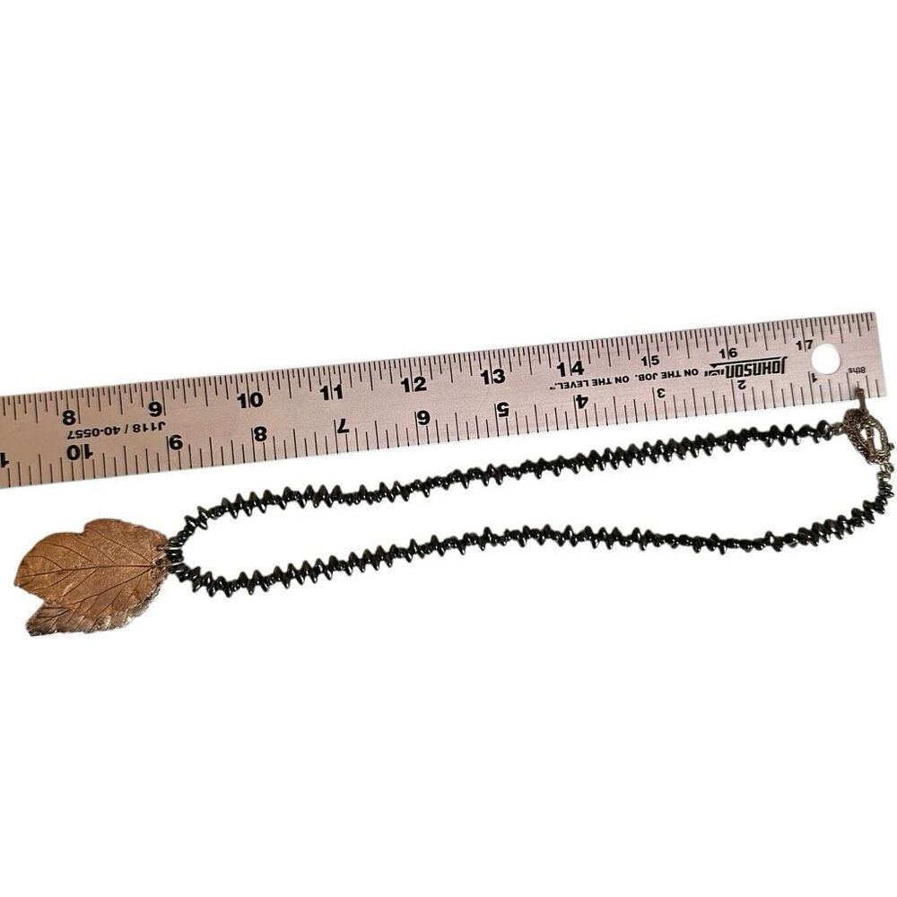 Artisan Hematite Bead Necklace with Electroplated Leaf Pendant - Picture 9 of 13